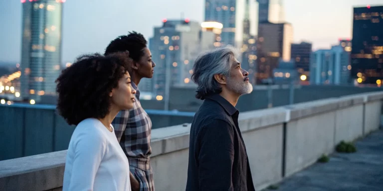 Three people on a rooftop at dusk, reflecting on their path to healing from religious trauma.