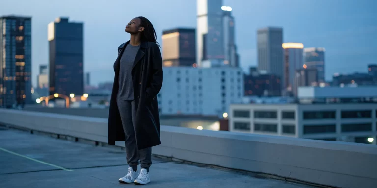 Woman on a city rooftop reflecting on the verse about transforming the mind.