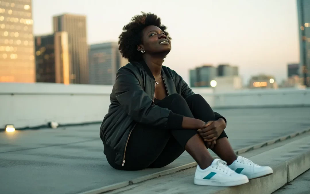 Woman practicing meditations from A Course in Miracles on a rooftop at sunset.