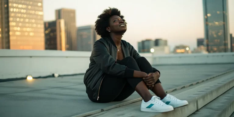Woman practicing meditations from A Course in Miracles on a rooftop at sunset.