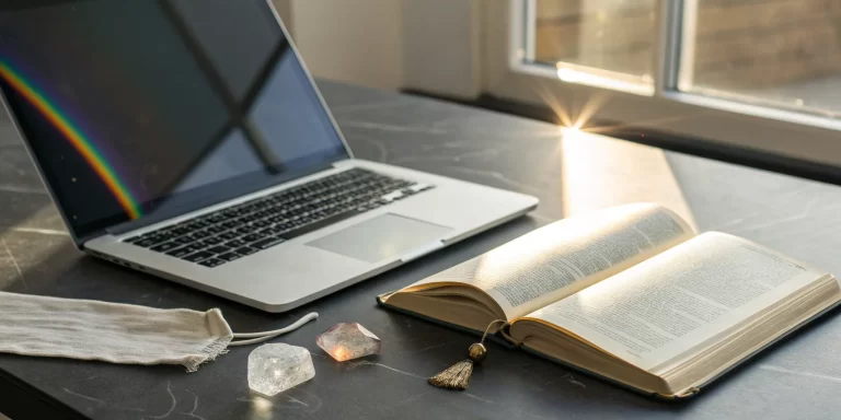 Metaphysical Bible study online with a laptop, open Bible, and crystals on a sunlit desk.
