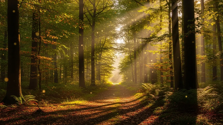 Golden sunlight streaming through a forest path symbolizing the journey of spiritual transformation