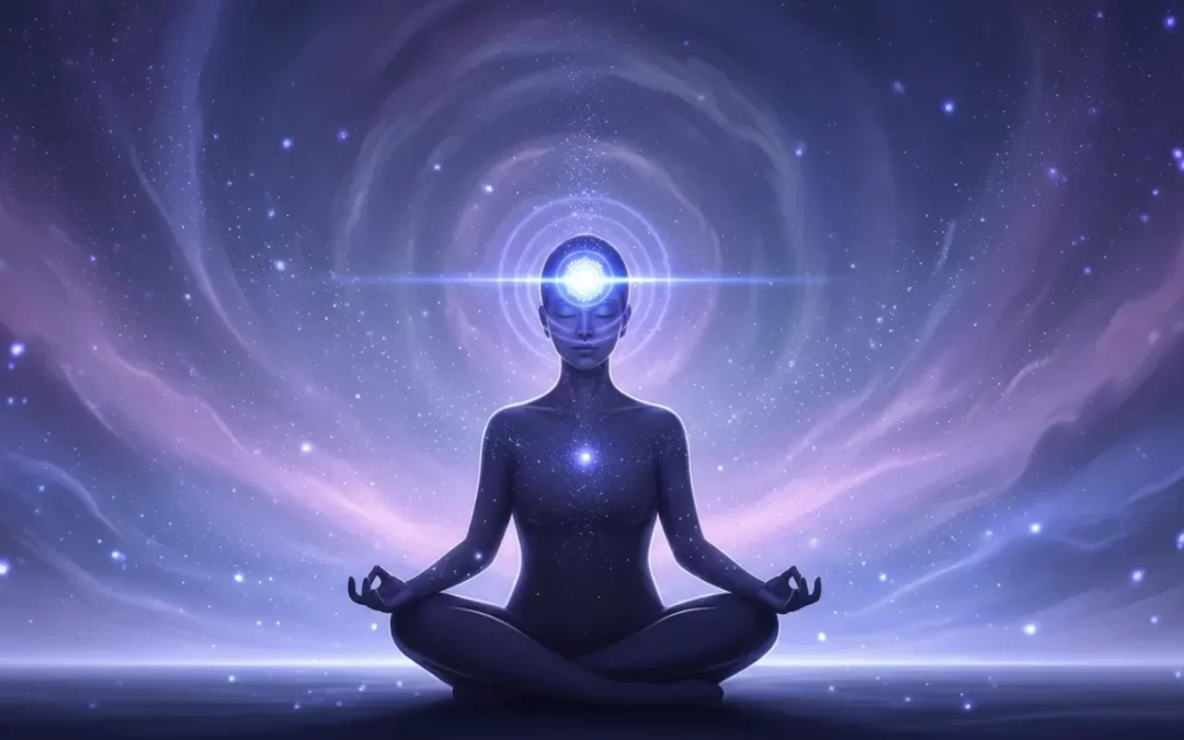 A person meditating with a glowing indigo third eye chakra light radiating from their forehead against a soft purple cosmic background