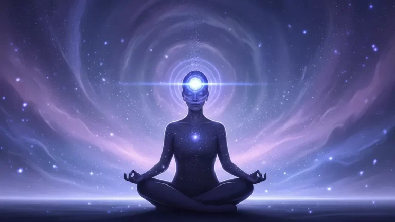 A person meditating with a glowing indigo third eye chakra light radiating from their forehead against a soft purple cosmic background