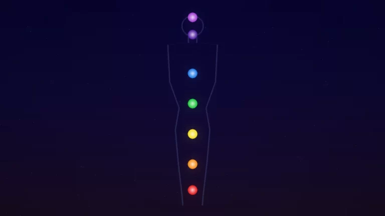 Seven chakra energy centers glowing along the human body from root to crown