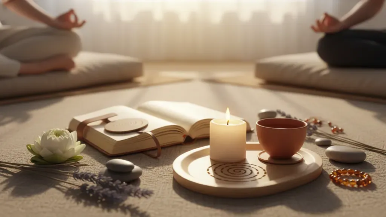 A peaceful spiritual recovery circle with a candle and journal for A Course in Miracles and 12 steps reflection