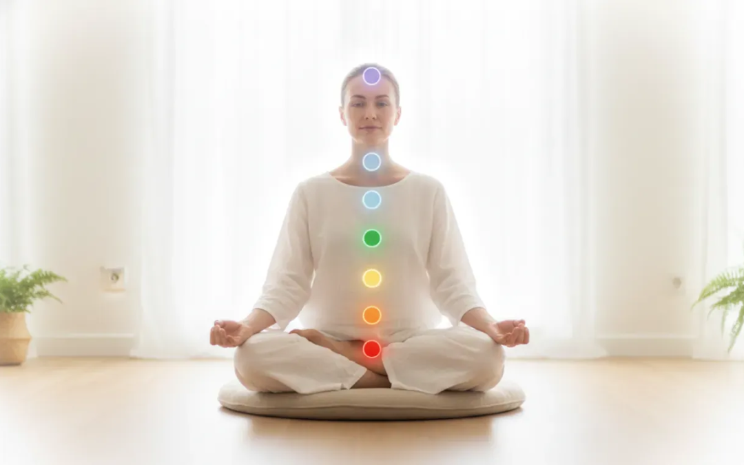 A peaceful meditation scene illustrating chakra healing and the seven main chakras