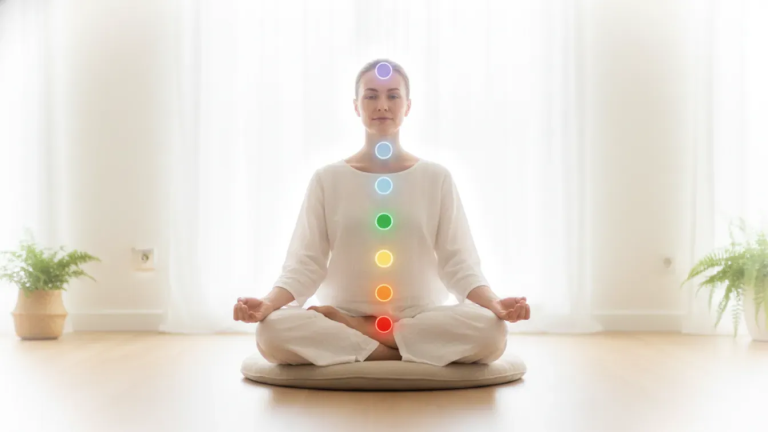 A peaceful meditation scene illustrating chakra healing and the seven main chakras
