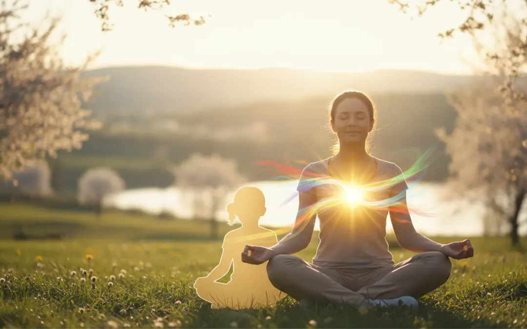 A peaceful inner child healing meditation with golden heart light and soft chakra colors