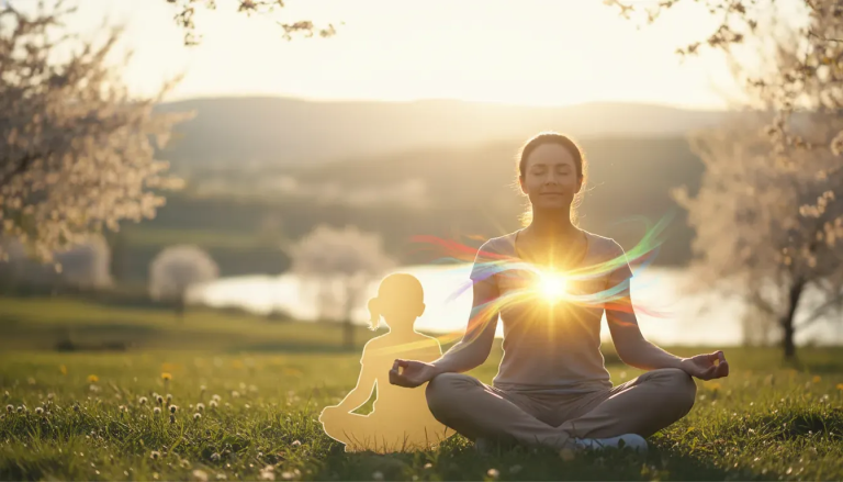 A peaceful inner child healing meditation with golden heart light and soft chakra colors