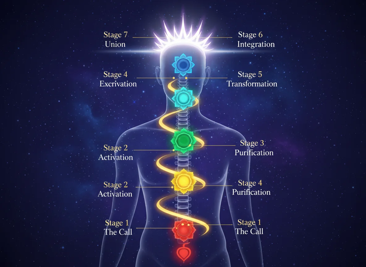 Infographic showing the 7 stages of kundalini awakening from call to union