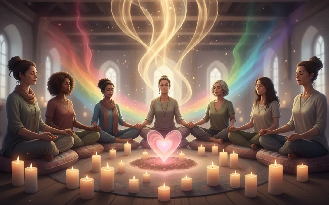 LGBTQ+ spiritual awakening circle surrounded by rainbow and golden divine light
