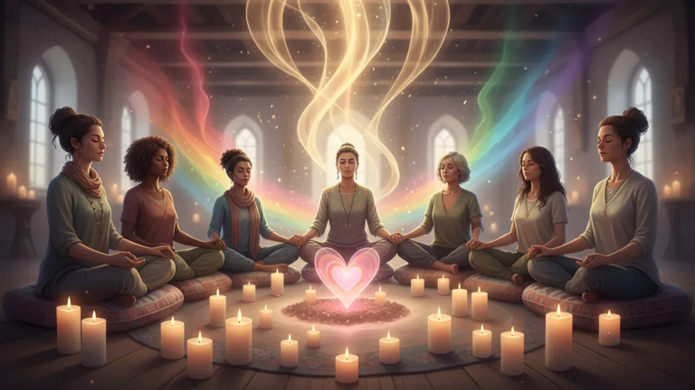 LGBTQ+ spiritual awakening circle surrounded by rainbow and golden divine light