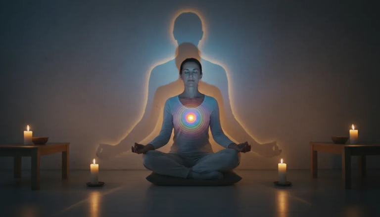 Meditative shadow work scene with inner healing light