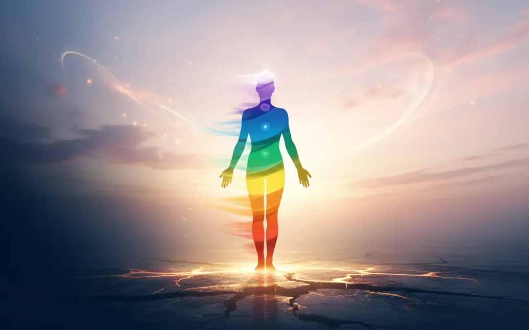 A person standing between shadow and golden light during a spiritual awakening