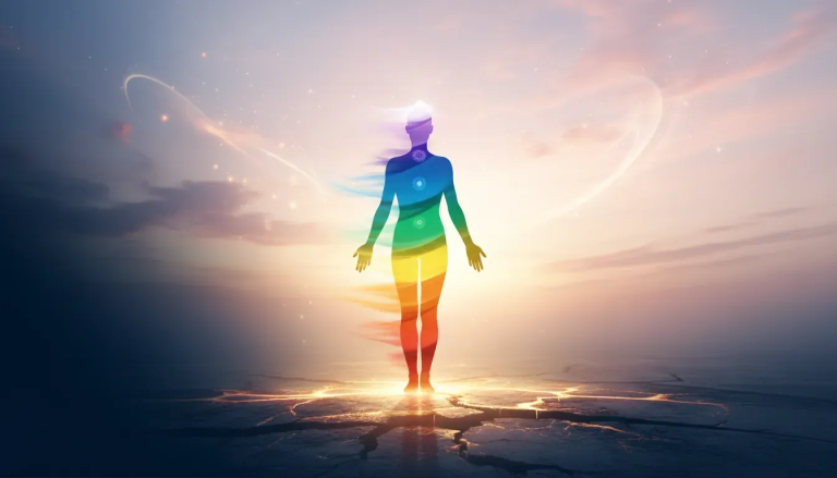 A person standing between shadow and golden light during a spiritual awakening