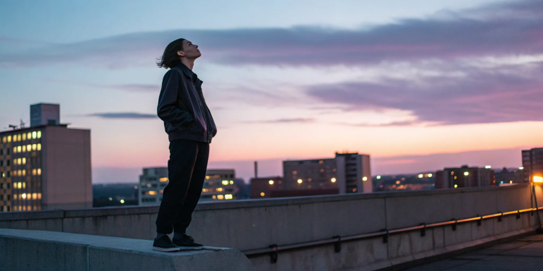 A person on a rooftop finds a personal relationship with God without religion.