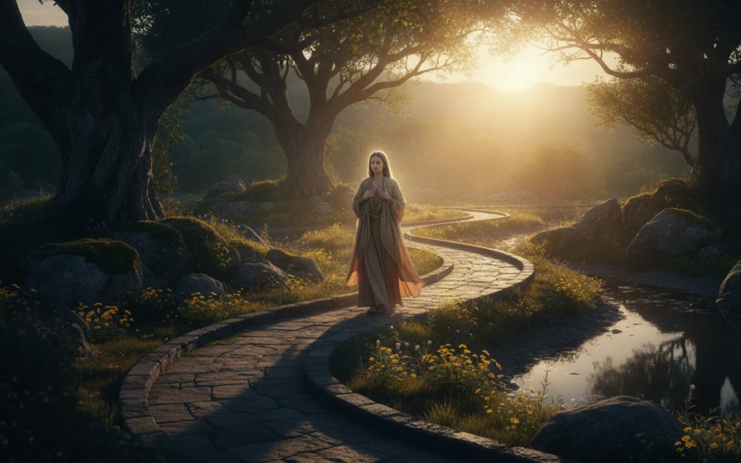 Person walking from shadow into warm light on a spiritual healing path