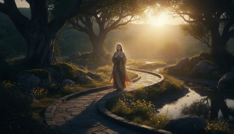 Person walking from shadow into warm light on a spiritual healing path