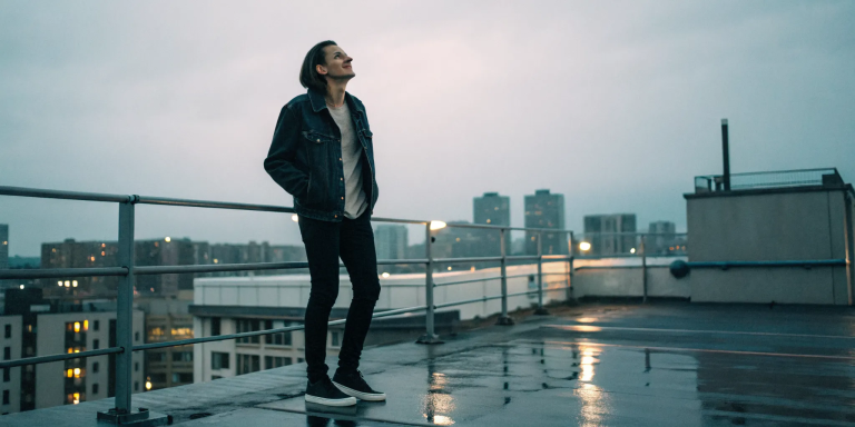 A person on a rooftop at dusk, looking up with hope for God's love.