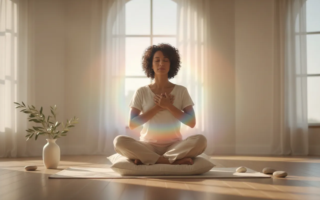 Person practicing chakra prayer in warm morning light