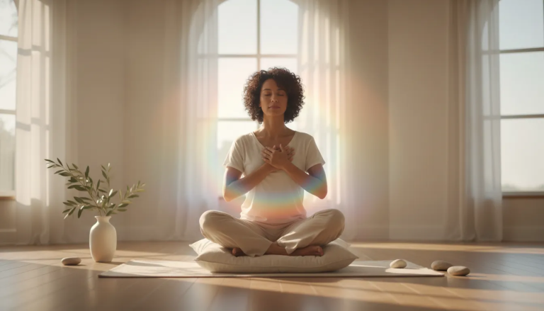 Person practicing chakra prayer in warm morning light