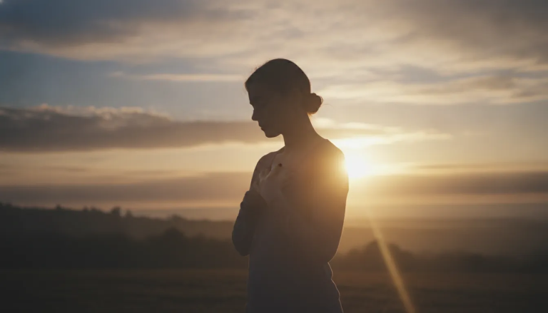 A peaceful person reflecting at sunrise