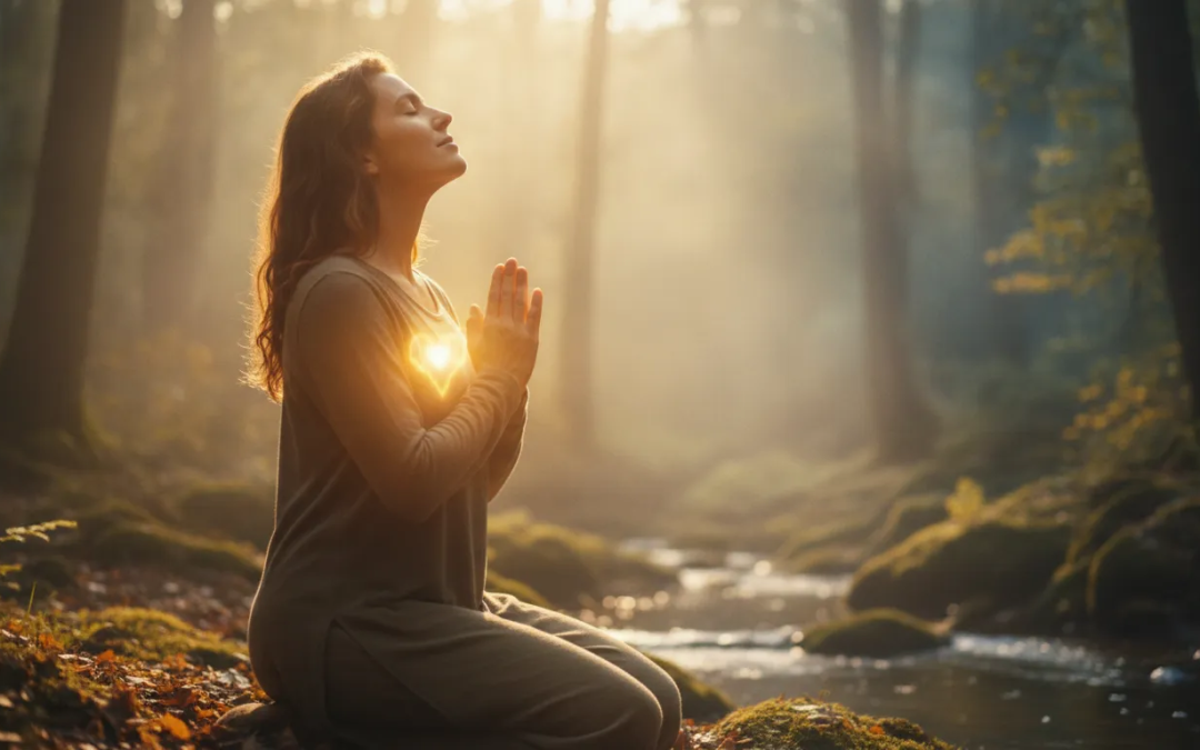 Person resting in warm golden light during a healing prayer
