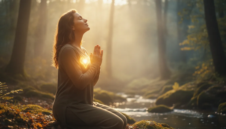 Person resting in warm golden light during a healing prayer