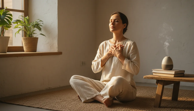 Person practicing compassionate reflection while healing shame