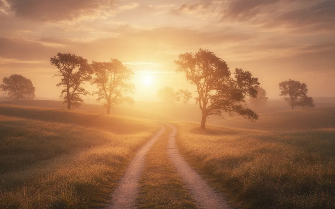 Golden sunrise on a peaceful path symbolizing God's love