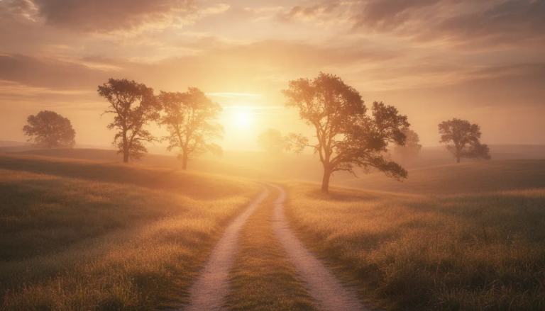 Golden sunrise on a peaceful path symbolizing God's love