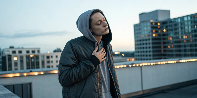 A person with their hand on their chest at sunset, beginning to heal deep emotional wounds.