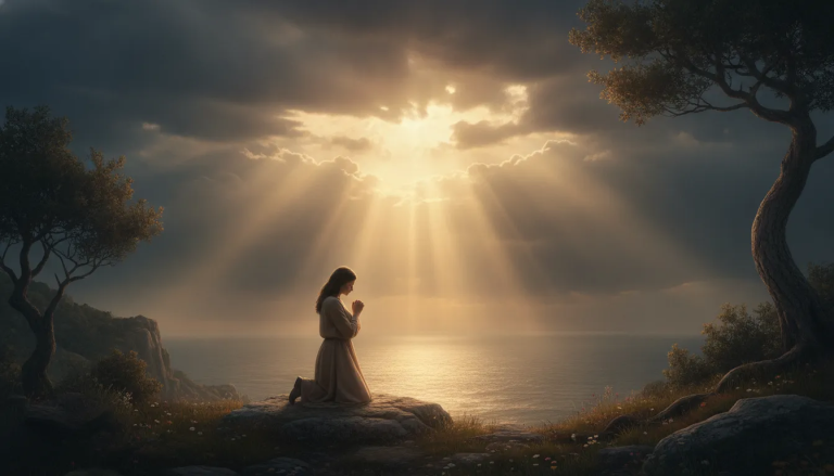 A person learning how to pray when angry at God as storm clouds open to warm light