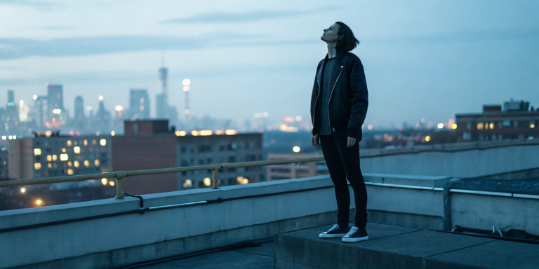 A person on a city rooftop at dusk, finally feeling at peace and free from fear.