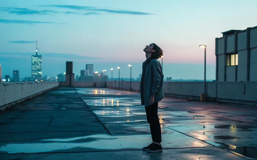 A person on a rooftop at dusk, looking up to find trust in life amidst uncertainty.