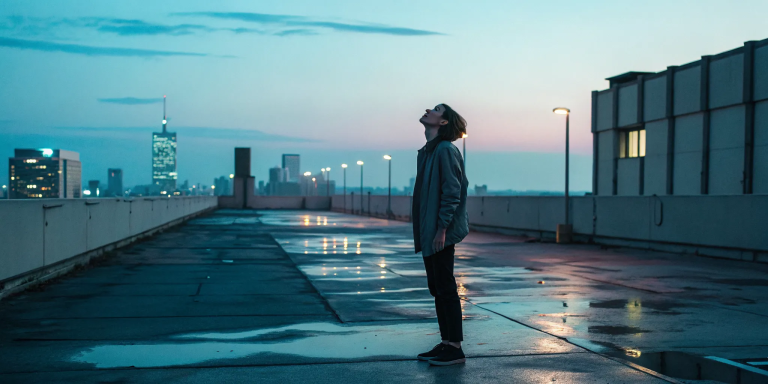 A person on a rooftop at dusk, looking up to find trust in life amidst uncertainty.