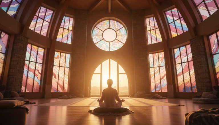 Rainbow light in a spiritual sanctuary representing healing from LGBTQ religious trauma