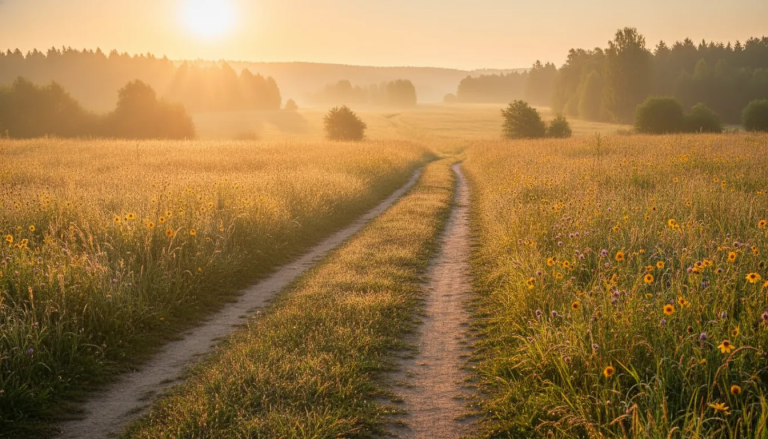 A peaceful open path at sunrise symbolizing spiritual reflection and renewal