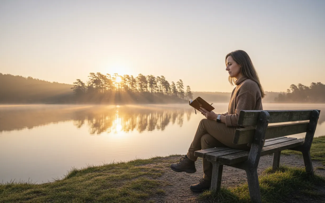 Person journaling at sunrise while exploring sober spirituality