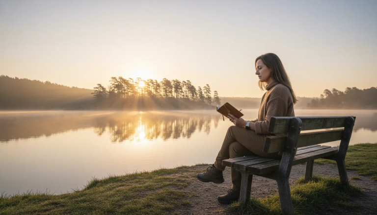 Person journaling at sunrise while exploring sober spirituality