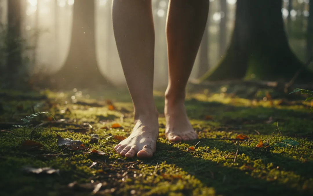 Bare feet resting on forest earth at sunrise for spiritual grounding
