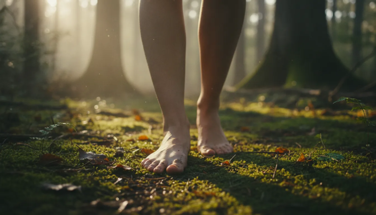 Bare feet resting on forest earth at sunrise for spiritual grounding