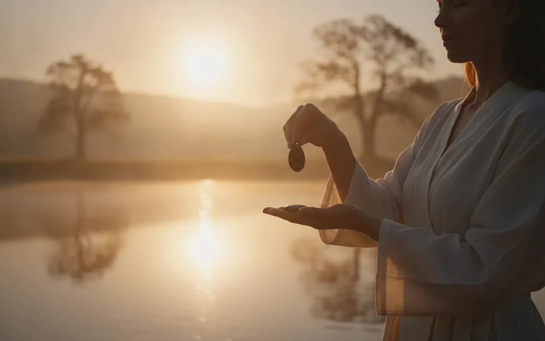 Person releasing guilt into warm spiritual light