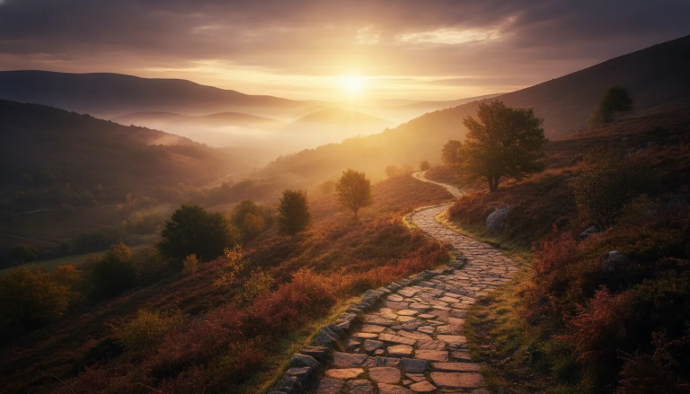Golden sunrise over a peaceful winding path symbolizing divine timing