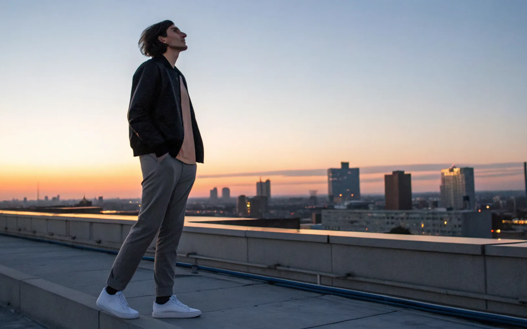 A person lets go of worry and trusts God, standing peacefully on a rooftop at sunset.