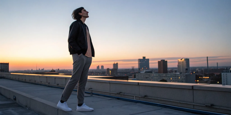 A person lets go of worry and trusts God, standing peacefully on a rooftop at sunset.