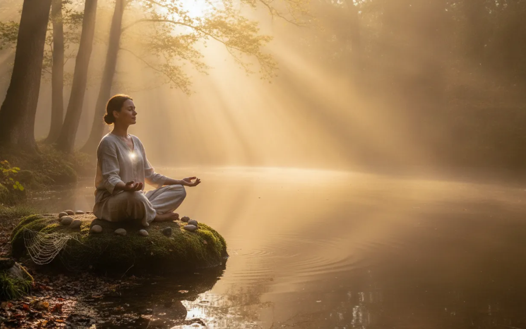 Person resting quietly in warm morning light while seeking spiritual connection
