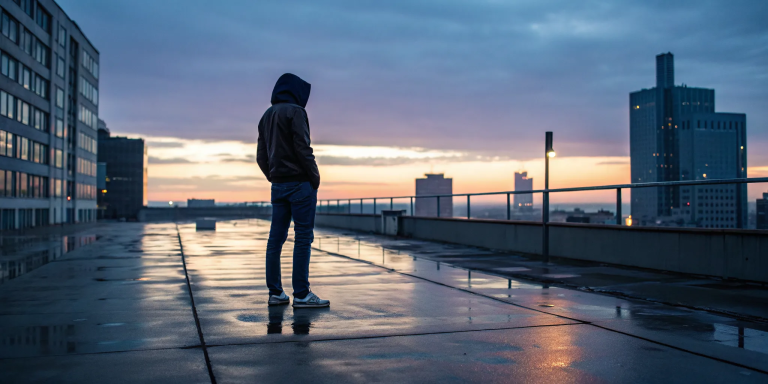 A lonely person on a rooftop at sunset, wondering why God feels so far away.