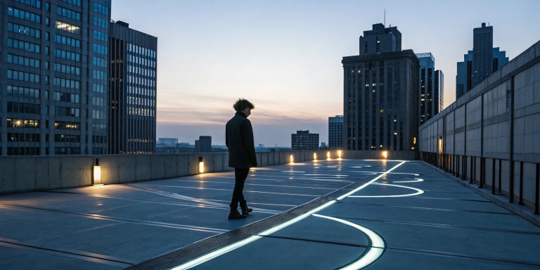 A lone person on a rooftop at dusk, contemplating repeating painful relationship patterns.